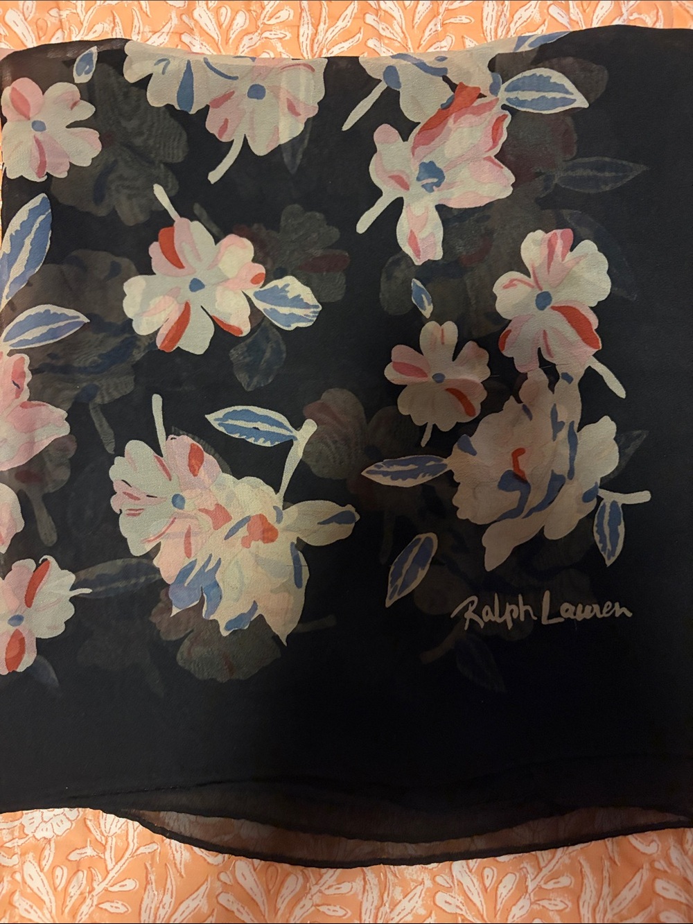 Vintage Ralph Lauren Black Floral Sheer Scarf with Pink, Blue and Cream Blooms